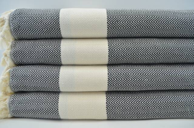 "Black Blanket, Long Blanket, Zigzag Blanket, Turkish Blanket, Herringbone Blanket, 79""x95" - image 1