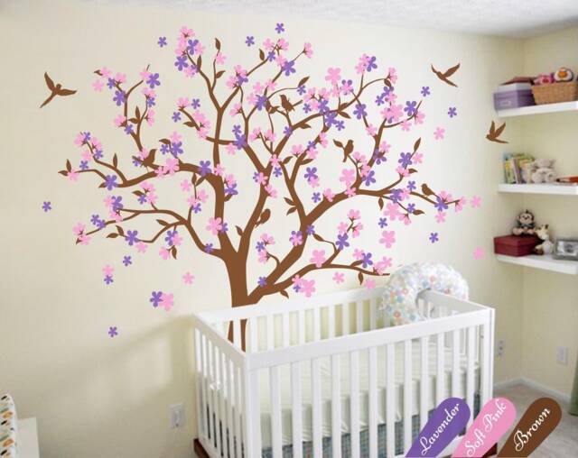 Huge Tree Wall Decal Cherry Blossom Art Sticker Colorful Floral Decor Mural With Birds Kw013 - image 1