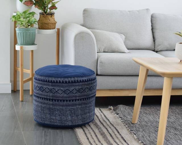 Hmong Indigo Batik Ottoman Pouf Handspun Ethnic Pillow, 18x14 - image 1