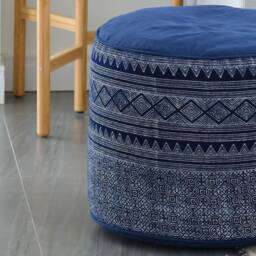 Hmong Indigo Batik Ottoman Pouf Handspun Ethnic Pillow, 18x14 - thumbnail 2