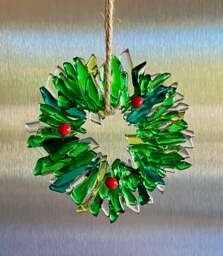 Fused Glass Christmas Wreath Ornament Green & Red Holiday Decor Different Shades Of Transparent Green Clear Glass With Red Berries