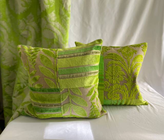 "Lime Green Velvet Pillow Cover Designers Guild ""Foglia"" ""Savoie"" Quilted Cushion - 22""x22" - image 1