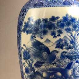 Chinese Porcelain Vase Table Lamp With Blue Decorations. Red Lampshade Panthers. Height 47cm. There Are Two Of These - thumbnail 2