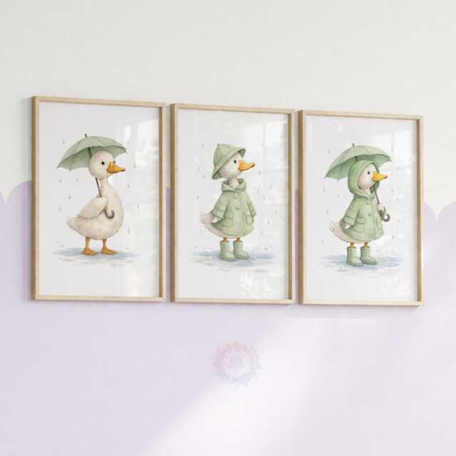Duck Nursery Prints - Set Of 3 Sage Green Duckling Wall Art, Girl Animal Decor - image 1