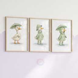 Duck Nursery Prints - Set Of 3 Sage Green Duckling Wall Art, Girl Animal Decor