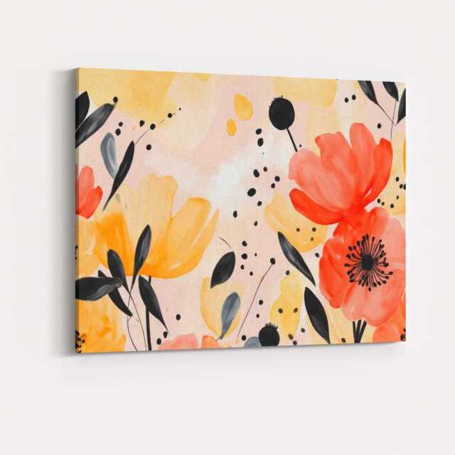 Modern Watercolour Coral Yellow Wildflower Botanical Pattern Canvas Wall Art Print Decor Picture Ready To Hang - image 1