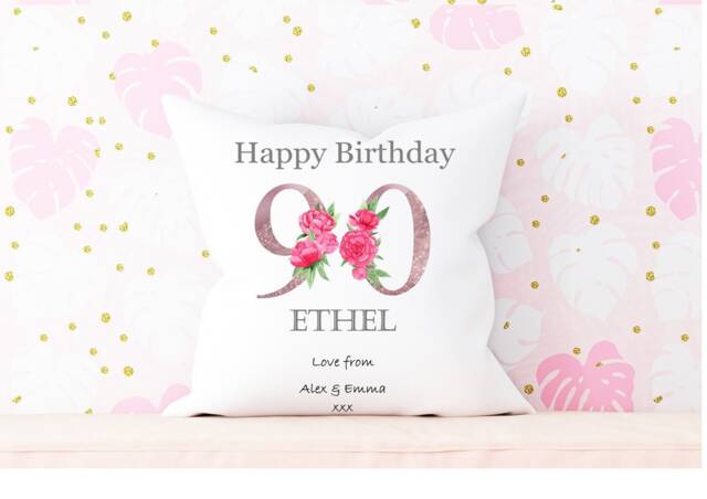90Th Birthday Personalised Cushion, Gift, Peony Pink Birthday, Gift For Her - image 1