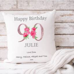 90Th Birthday Personalised Cushion, Gift, Peony Pink Birthday, Gift For Her - thumbnail 3