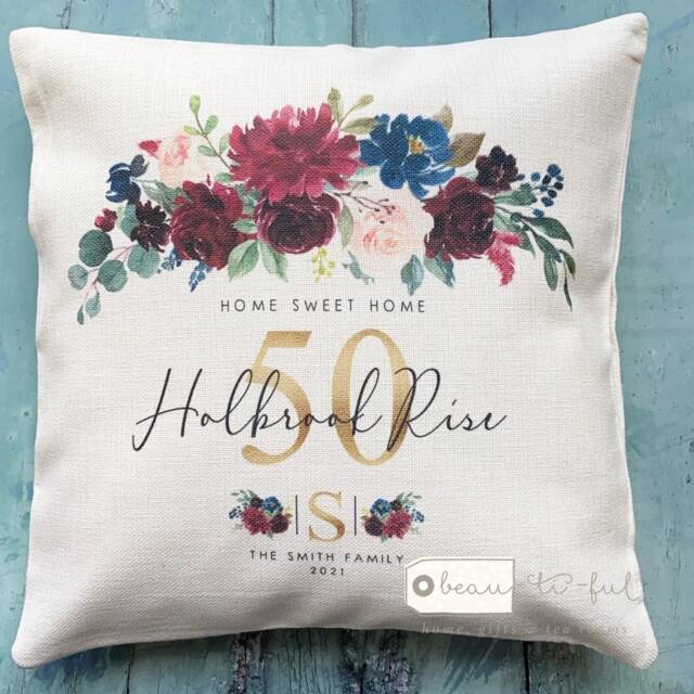 Personalised Home Sweet Address New Housewarming Burgundy Navy Design Quote Linen Style Cushion Cover