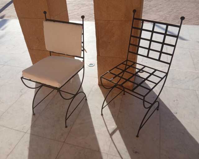 Set Of Moroccan Wrought Iron Chairs With White Cushions - Handmade Outdoor Patio Seating, Mid Century Mediterranean Garden Furniture - image 1