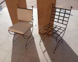 Set Of Moroccan Wrought Iron Chairs With White Cushions - Handmade Outdoor Patio Seating, Mid Century Mediterranean Garden Furniture