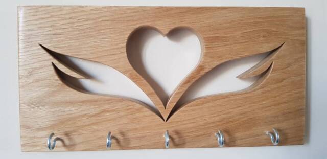 Wooden Key Holder Solid Oak Handmade With Heart Cut Out Detail Wall Mounting - image 1