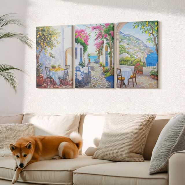 Canvas Set Of 3 Wall Art - Charming Streets With Flowering Plants & Sea Views, Multicolored Picture Print, Landscapes Hanging Piece - image 1