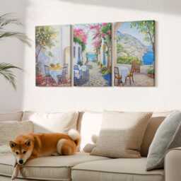 Canvas Set Of 3 Wall Art - Charming Streets With Flowering Plants & Sea Views, Multicolored Picture Print, Landscapes Hanging Piece - thumbnail 1