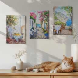 Canvas Set Of 3 Wall Art - Charming Streets With Flowering Plants & Sea Views, Multicolored Picture Print, Landscapes Hanging Piece - thumbnail 3