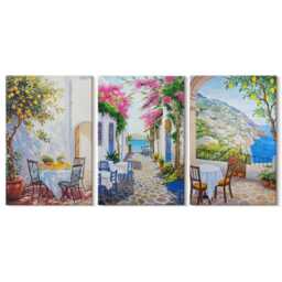 Canvas Set Of 3 Wall Art - Charming Streets With Flowering Plants & Sea Views, Multicolored Picture Print, Landscapes Hanging Piece - thumbnail 2
