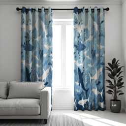 Shark Pattern Curtain, Ocean Inspired Home Decor, Blue & White Sea Life Print Drape, Nautical Theme Window Treatment - thumbnail 1