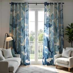 Shark Pattern Curtain, Ocean Inspired Home Decor, Blue & White Sea Life Print Drape, Nautical Theme Window Treatment - thumbnail 3