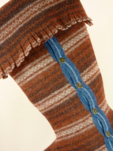 Christmas Stocking Fringe Felted Wool Rust Brown Stripes Repurposed Winter Sweater Metal Textured Buttons Recycled Upcycled 370 - image 1