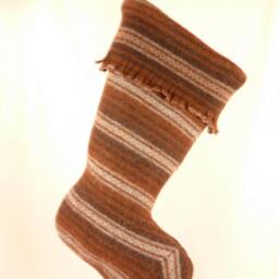 Christmas Stocking Fringe Felted Wool Rust Brown Stripes Repurposed Winter Sweater Metal Textured Buttons Recycled Upcycled 370 - thumbnail 3