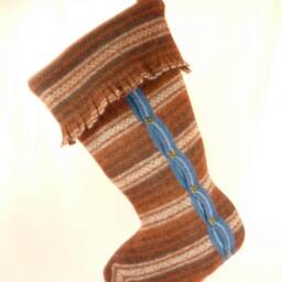Christmas Stocking Fringe Felted Wool Rust Brown Stripes Repurposed Winter Sweater Metal Textured Buttons Recycled Upcycled 370 - thumbnail 2