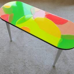 3D Neon Pink Epoxy Resin Coffee Table - Modern Art Wooden Side - thumbnail 2
