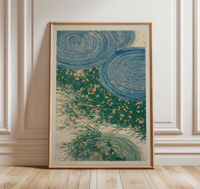 Abstract Floral Poster Blue Green Modern Wall Art Circular Botanical Illustration Print Minimal Nature Home Decor, Japanese - image 1