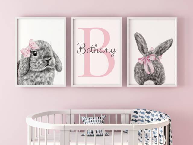 Bunny Rabbit Set Of 3 Unframed Personalised Poster Prints, Baby Girls Nursery Decor, Bedroom Wall Art Bow Floral - image 1