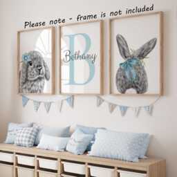 Bunny Rabbit Set Of 3 Unframed Personalised Poster Prints, Baby Girls Nursery Decor, Bedroom Wall Art Bow Floral - thumbnail 3