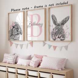 Bunny Rabbit Set Of 3 Unframed Personalised Poster Prints, Baby Girls Nursery Decor, Bedroom Wall Art Bow Floral - thumbnail 2