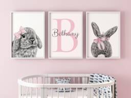 Bunny Rabbit Set Of 3 Unframed Personalised Poster Prints, Baby Girls Nursery Decor, Bedroom Wall Art Bow Floral - thumbnail 1