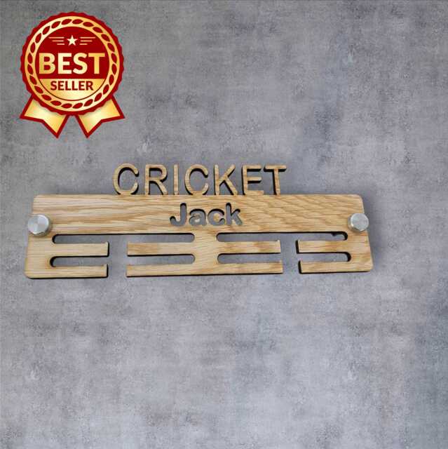 Cricket Medal Hanger - Wood Colours, Custom Name & Colour - image 1