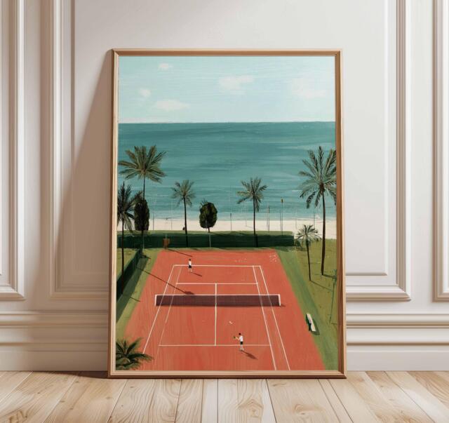 Coastal Tennis Court Poster, Mediterranean Beach Art Print, Palm Tree Summer Decor, Sporty Travel Wall For Modern Home Or Holiday House - image 1