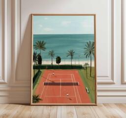 Coastal Tennis Court Poster, Mediterranean Beach Art Print, Palm Tree Summer Decor, Sporty Travel Wall For Modern Home Or Holiday House - thumbnail 1