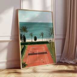 Coastal Tennis Court Poster, Mediterranean Beach Art Print, Palm Tree Summer Decor, Sporty Travel Wall For Modern Home Or Holiday House - thumbnail 2