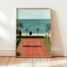 Coastal Tennis Court Poster, Mediterranean Beach Art Print, Palm Tree Summer Decor, Sporty Travel Wall For Modern Home Or Holiday House - thumbnail 3