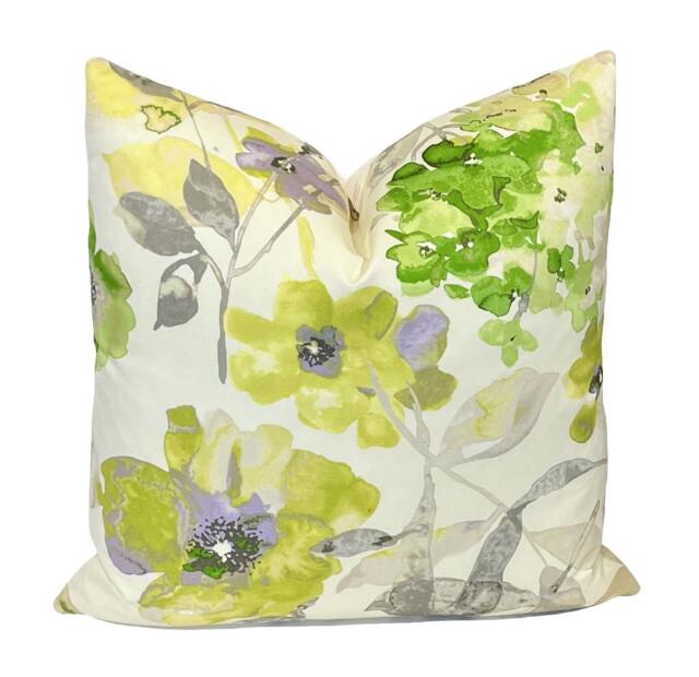 Watercolor Floral Pillow Cover Green Purple Botanical Print, Duralee Fabric - image 1