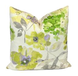 Watercolor Floral Pillow Cover Green Purple Botanical Print, Duralee Fabric - thumbnail 1