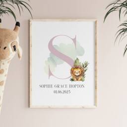 Personalised New Baby Gift, Lion, Name Print, Zoo Animals Themed Nursery, Print For Boy, Lion Initial - thumbnail 3