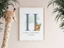 Personalised New Baby Gift, Lion, Name Print, Zoo Animals Themed Nursery, Print For Boy, Lion Initial - thumbnail 1