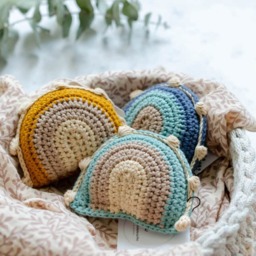 Boho Rainbow Baby Rattle in Your Choice Of Colors, Handmade From Organic Cotton, Customizable - thumbnail 1