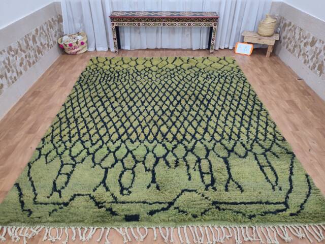 Handmade Green & Black Boujaad Wool Rug, Authentic Moroccan Berber Carpet - image 1