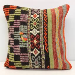 Vintage Kilim Pillow Cover 18x18, Wool Chevron Throw Cushion - thumbnail 1