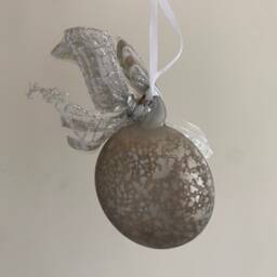 Antiqued Matt Grey Flattened Sphere Glass Hanging Christmas Tree Decoration With Double Bow - 6cm - Festive Winter Minimalist Urban Gift - thumbnail 2