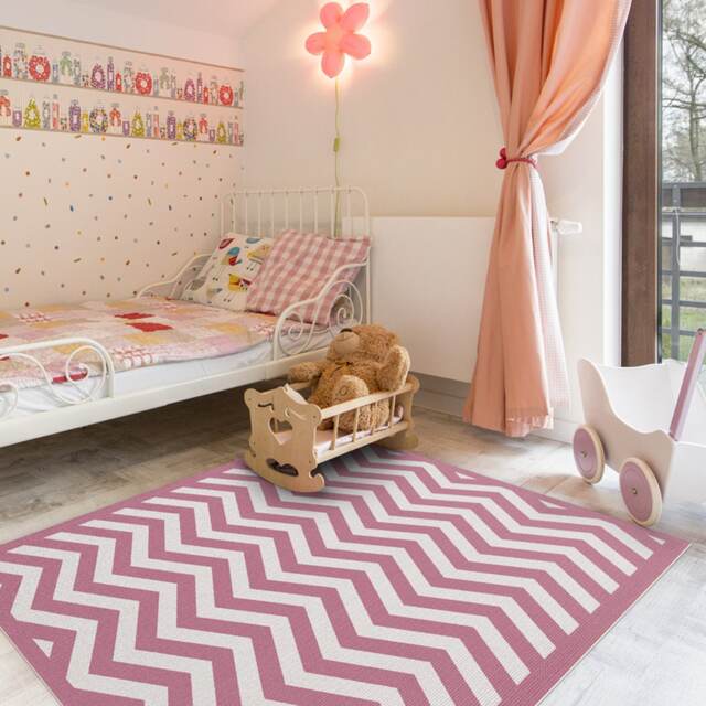 Pink Chevron Area Rug, Printed Linoleum Vinyl Mat. Art Mat With Zig-Zag Geometric Design - image 1