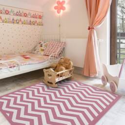 Pink Chevron Area Rug, Printed Linoleum Vinyl Mat. Art Mat With Zig-Zag Geometric Design - thumbnail 1