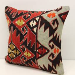 Vintage Kilim Pillow Cover 16x16, Turkish Boho Home Decor - thumbnail 3
