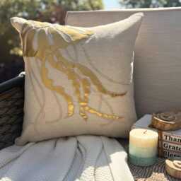 Beige Cotton Gold Metallic Applique & Zardozi Work Sea Creature Pattern, Beach Style Throw Pillow Cover - Jellyfish - thumbnail 1