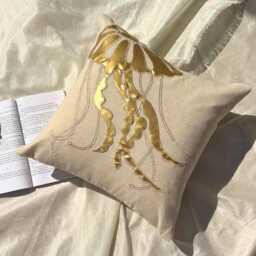 Beige Cotton Gold Metallic Applique & Zardozi Work Sea Creature Throw Pillow Cover, 16x16 Beach Style Cushion Cover - Jellyfish - thumbnail 3
