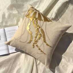 Beige Cotton Gold Metallic Applique & Zardozi Work Sea Creature Pattern, Beach Style Throw Pillow Cover - Jellyfish - thumbnail 3